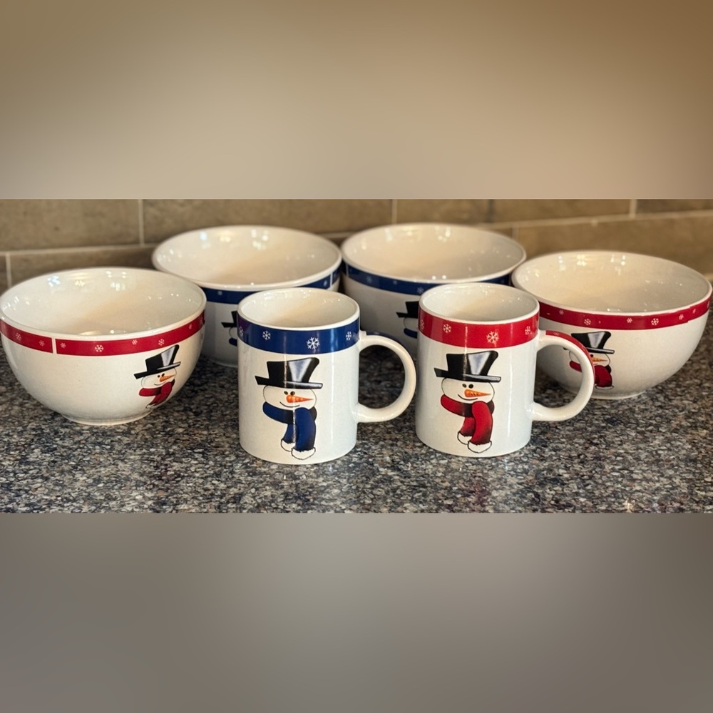 Snowman Themed Bowl and Mug Set - Red and Blue